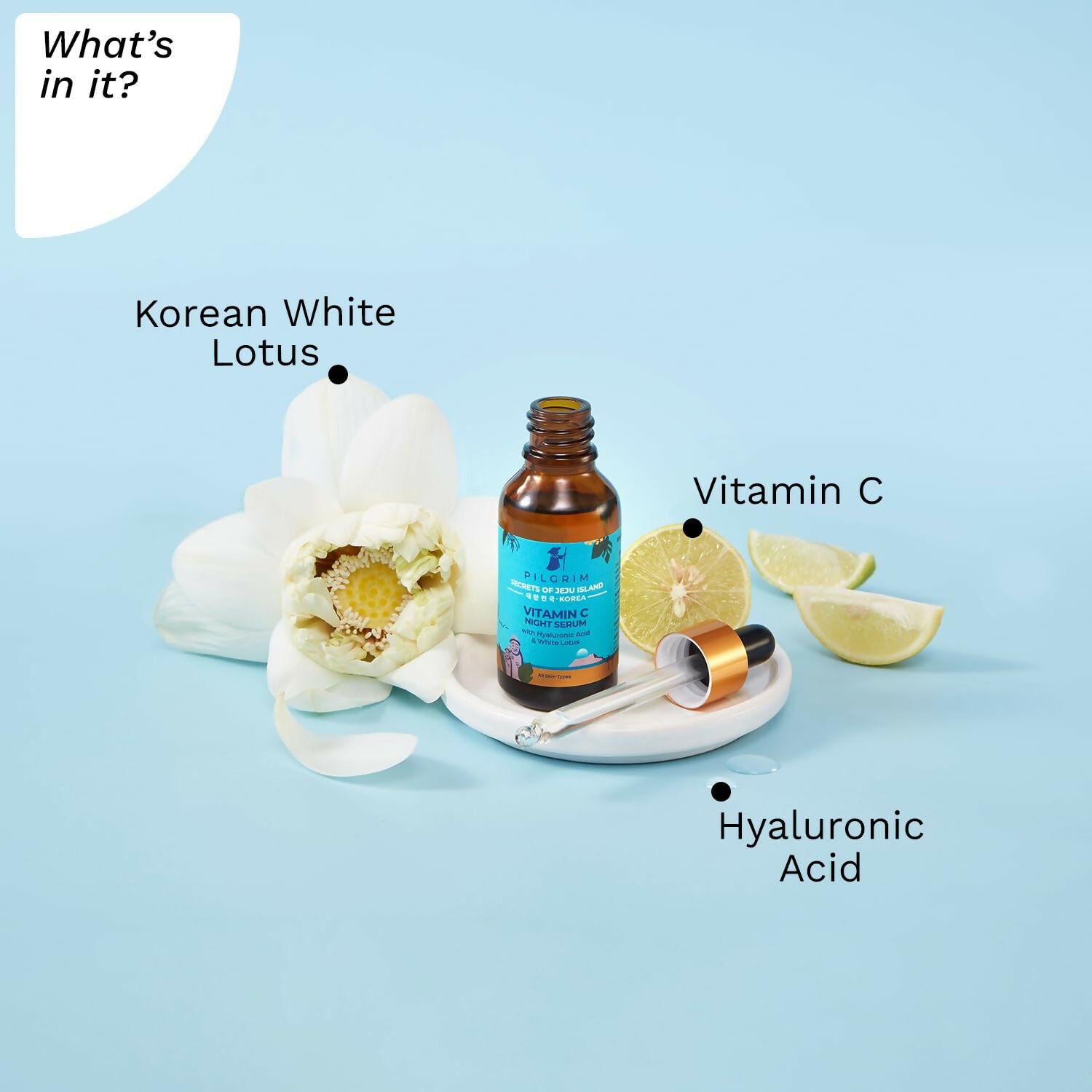 Pilgrim Korean Vitamin C Night Serum for glowing skin with Hyaluronic acid & White Lotus - Distacart