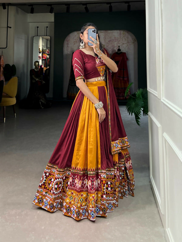 Vastranavya Navaratri Special Rayon with Printed Patch With Gota Patti And Paper Mirror Work And Cowrie (Kodi) Lace Touch Up Lehenga with Stitched Blouse - Mustard - Distacart