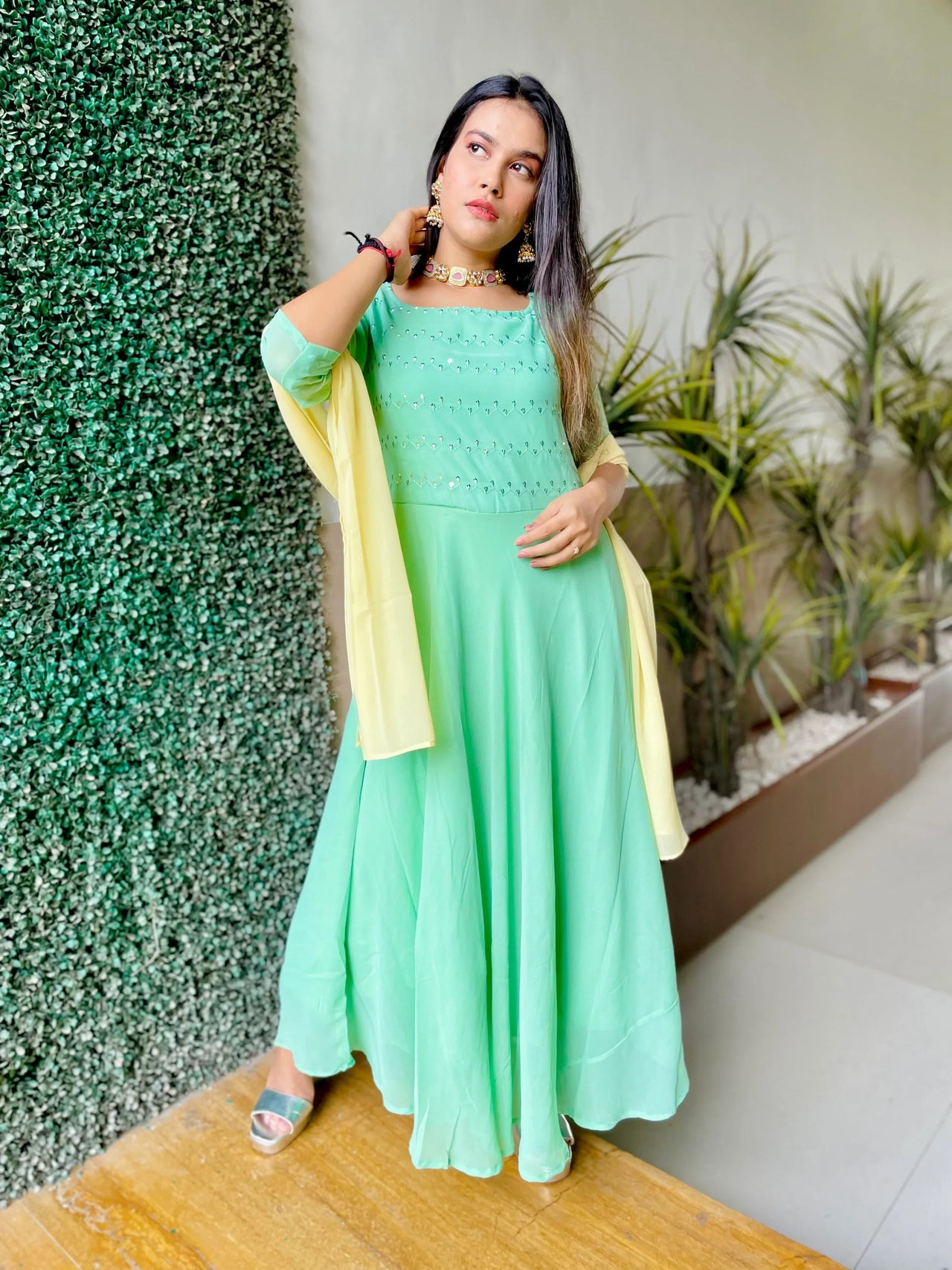 Women Sea Green Embroidered Regular Sequinned Kurta With Trousers & Dupatta - Rasiya