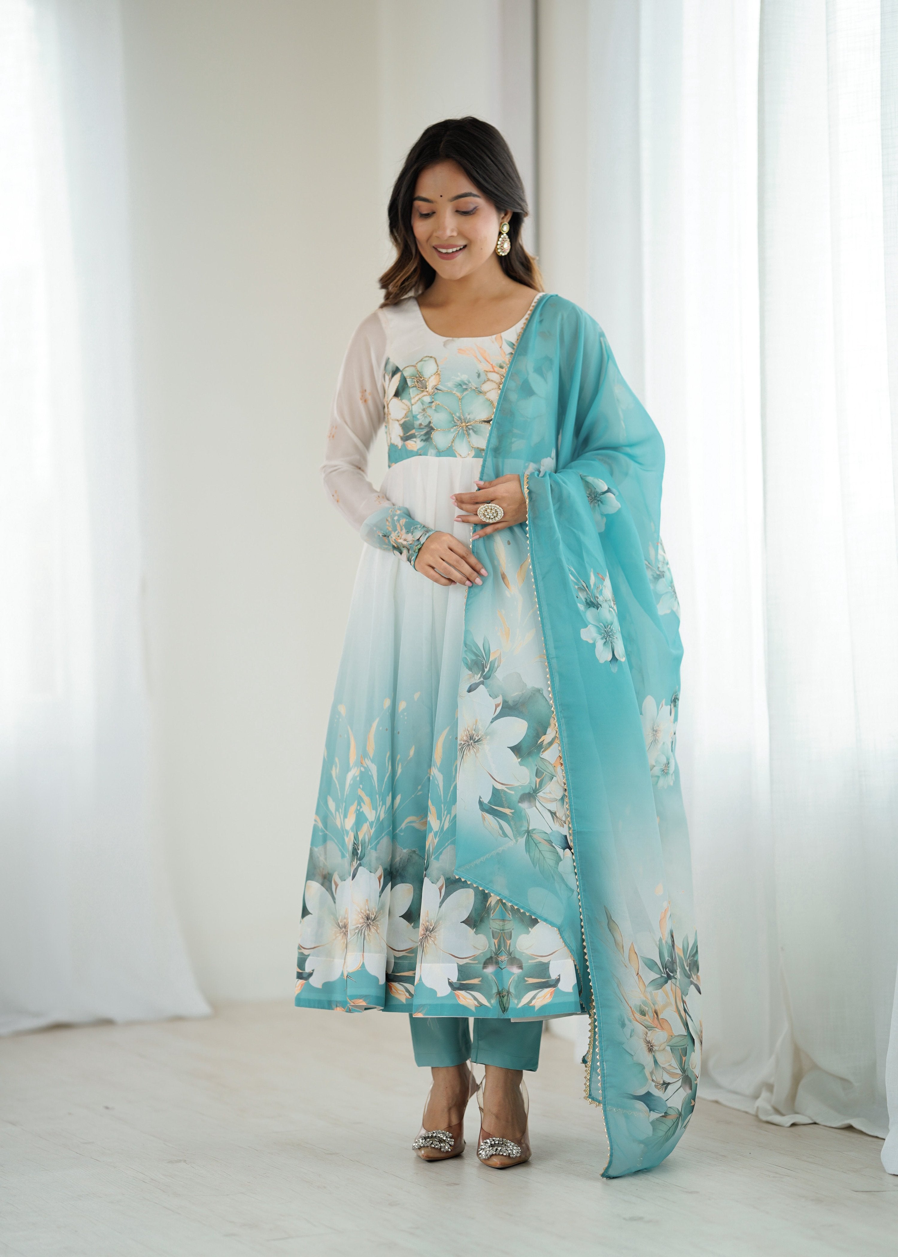 Lorenvalley Fashion Soft Organza Silk Front On Fancy Badla Jari Work Flower Position Print Outing Work Anarkali Kurta Pant With Dupatta Set