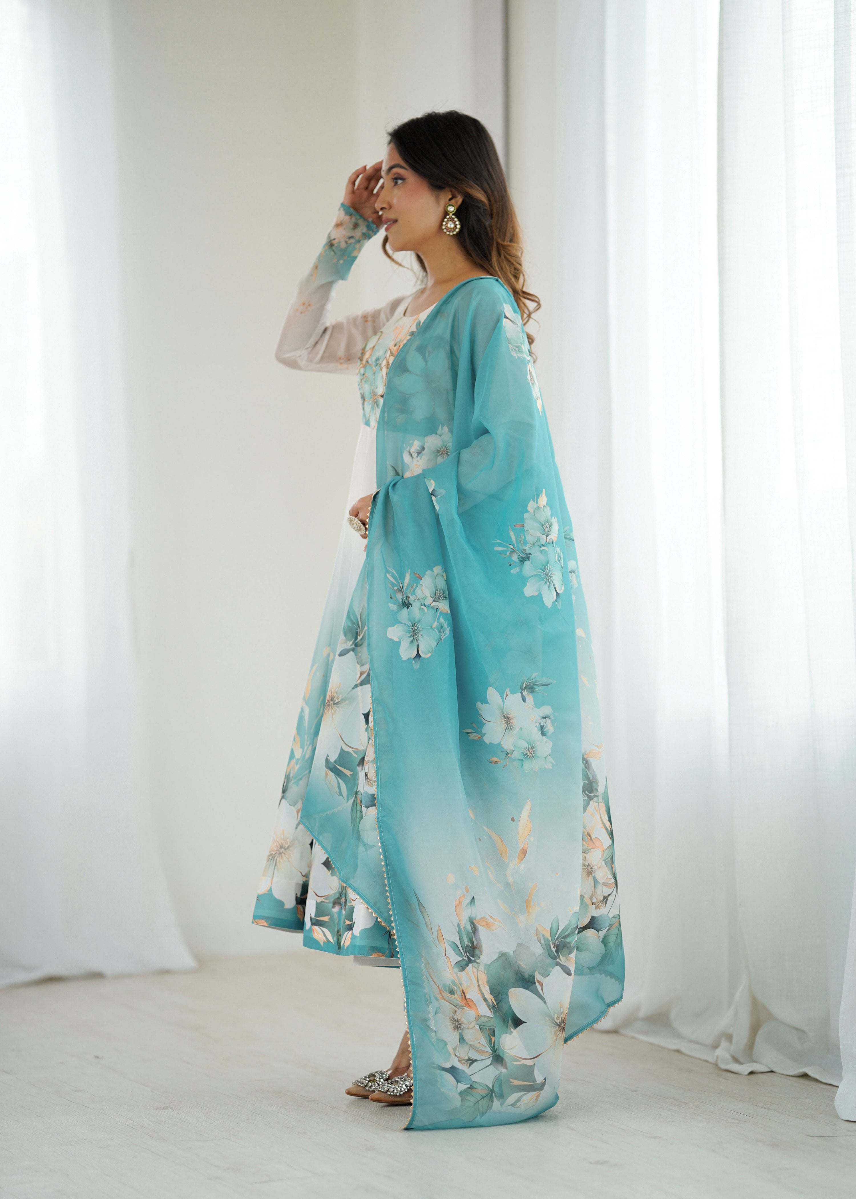 Lorenvalley Fashion Soft Organza Silk Front On Fancy Badla Jari Work Flower Position Print Outing Work Anarkali Kurta Pant With Dupatta Set