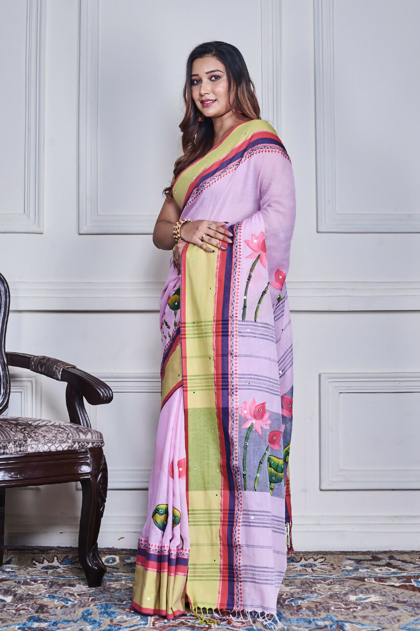 Morchari Multicolour Cotton Handloom Mirror Work Saree Unstitched Blouse