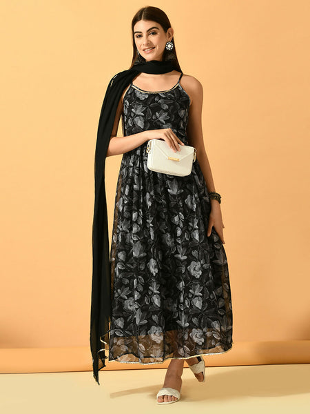 Myshka Women's Black Festive Flared Anarkali Kurta With Dupatta sets - Distacart