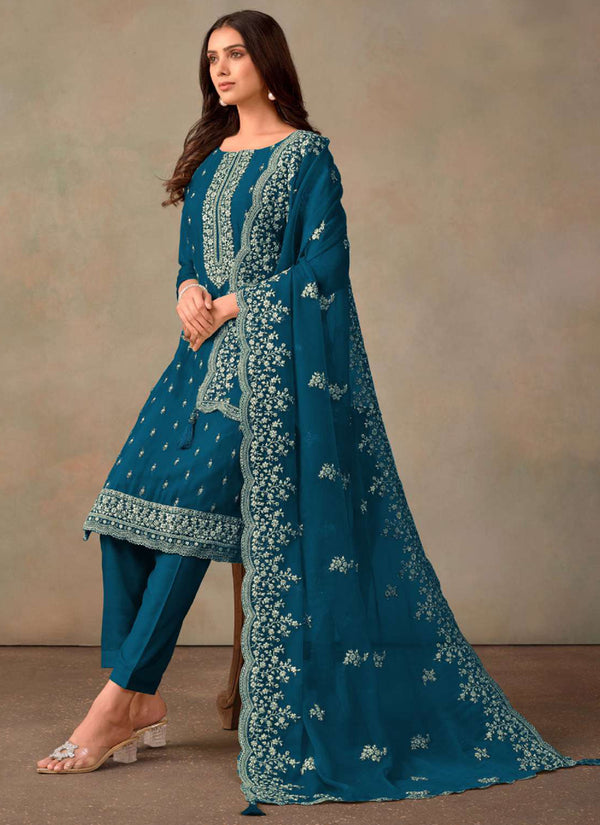 Vegaa Fashion Aqua Blue Organza Embroidery Work Designer Salwar Suit