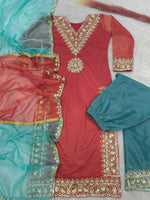 Thumbnail for Prazu Fashion Red Organza Embroidered Plazzo Suit