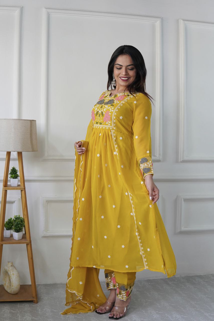 Prazu Fashion Yellow Georgette Embroidered Salwar Suit