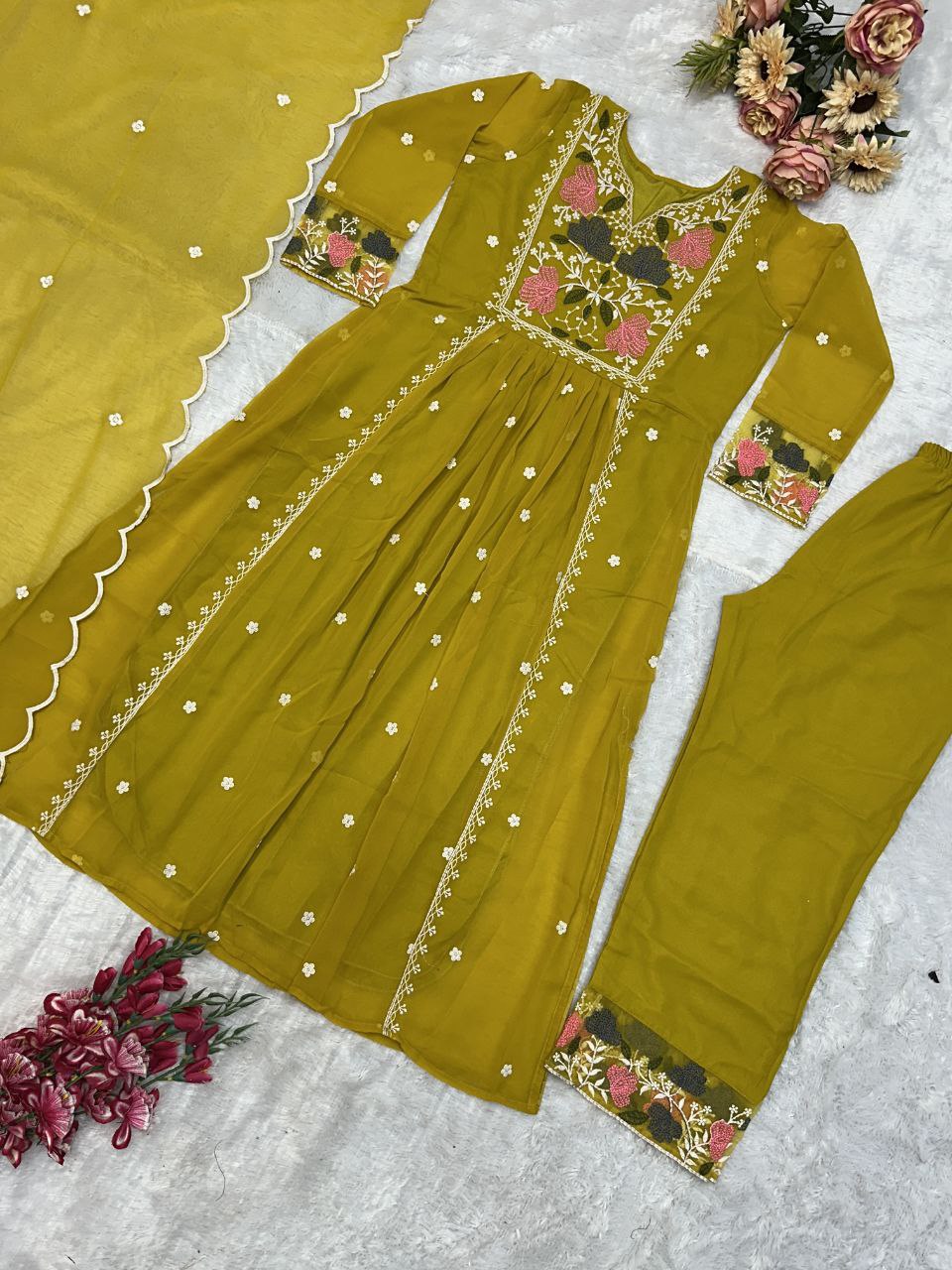 Prazu Fashion Yellow Georgette Embroidered Salwar Suit