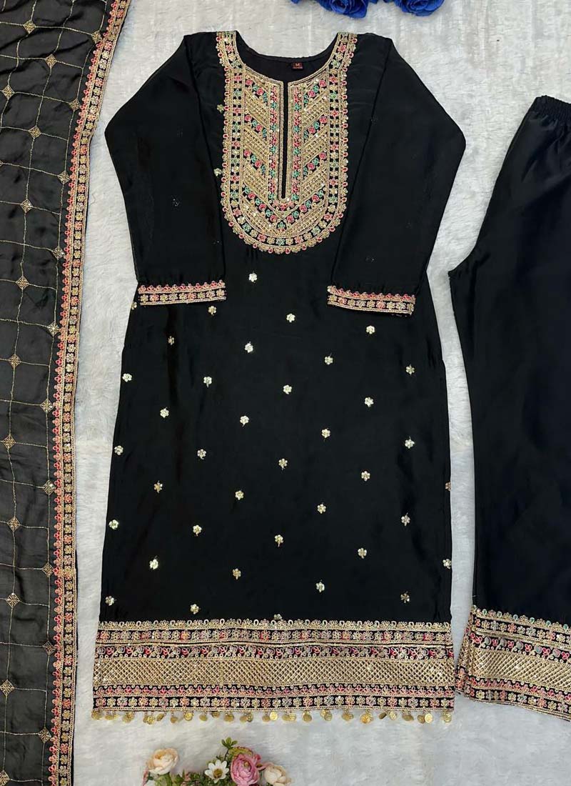 Prazu Fashion Designer Black Silk Embroidered Salwar Suit
