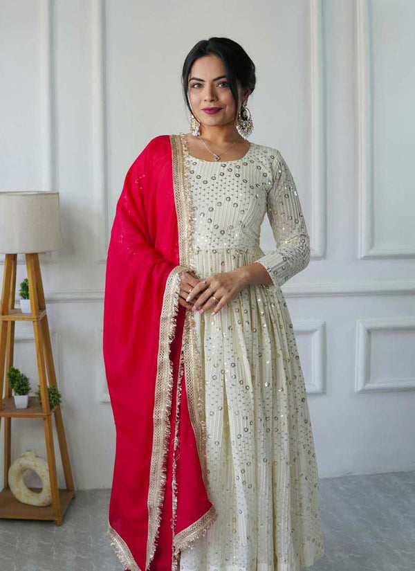 Prazu Fashion Off White Georgette Embroidered Anarkali Suit