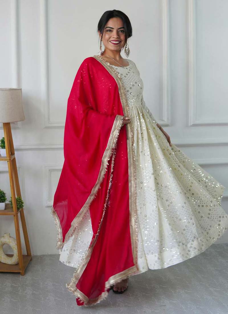 Prazu Fashion Off White Georgette Embroidered Anarkali Suit