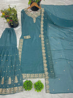 Thumbnail for Prazu Fashion Sky Blue Heavy Crunchy Silk Embroidered Palazzo Suit