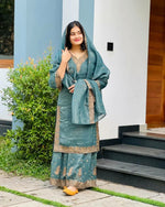 Thumbnail for Prazu Fashion Sky Blue Heavy Crunchy Silk Embroidered Palazzo Suit