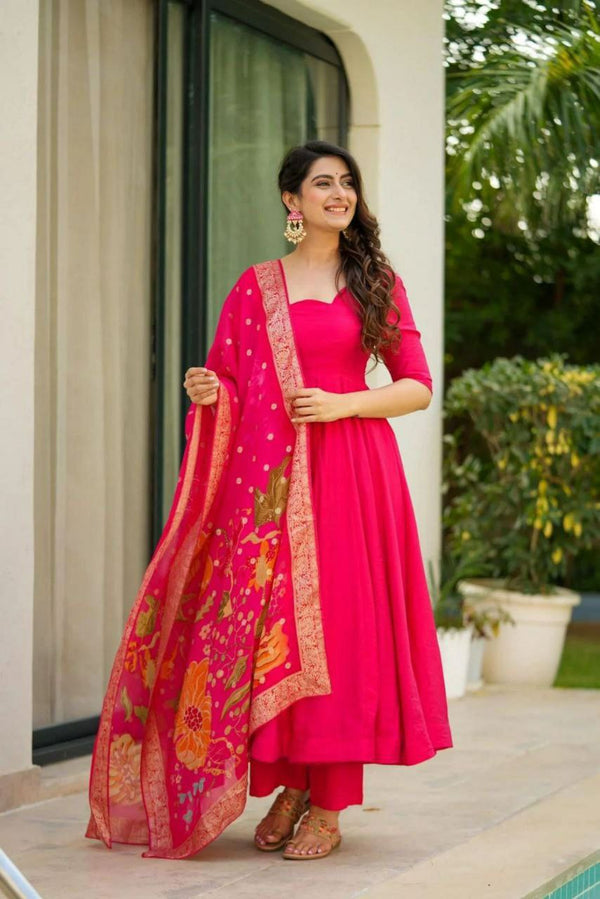 Prazu Fashion Designer Red Chinon Silk Anarkali Suit