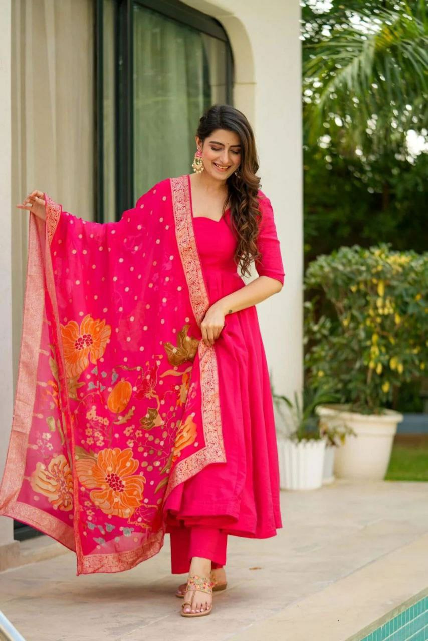 Prazu Fashion Designer Red Chinon Silk Anarkali Suit