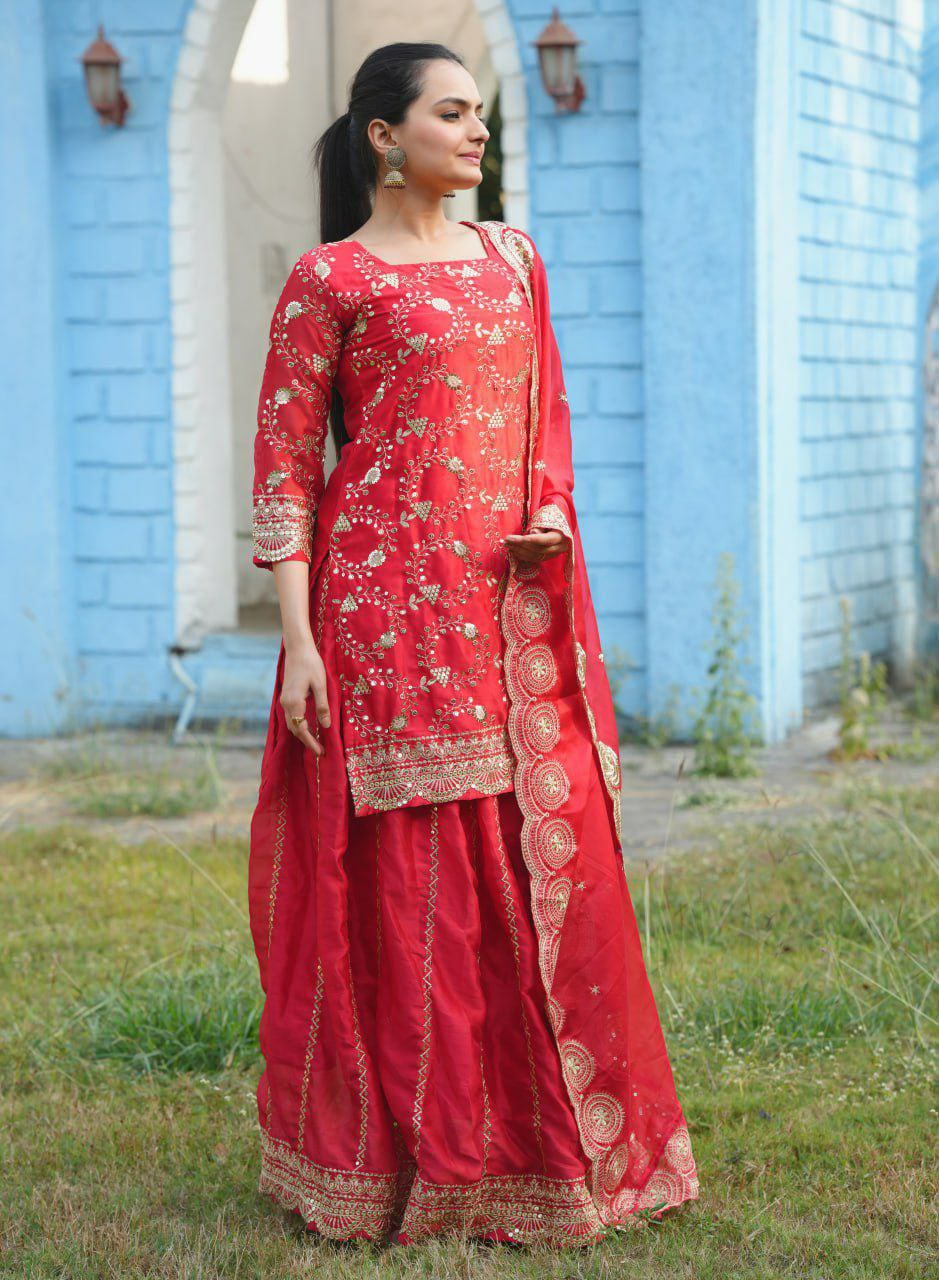 Prazu Fashion Red Rangoli Silk Embroidered Lehenga Style Suit