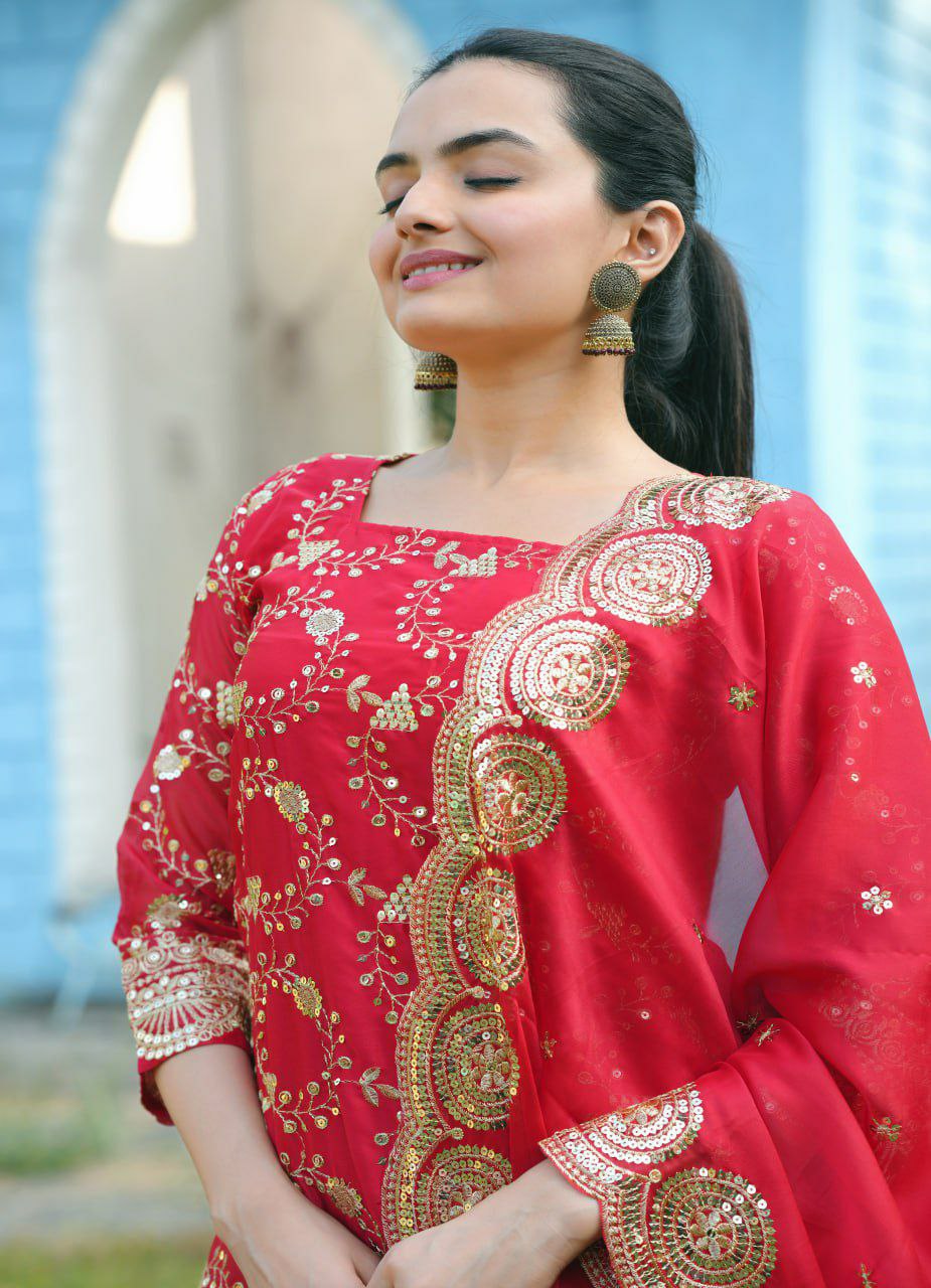 Prazu Fashion Red Rangoli Silk Embroidered Lehenga Style Suit