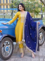 Thumbnail for Prazu Fashion Yellow Chinon Silk Embroidered Salwar Suit