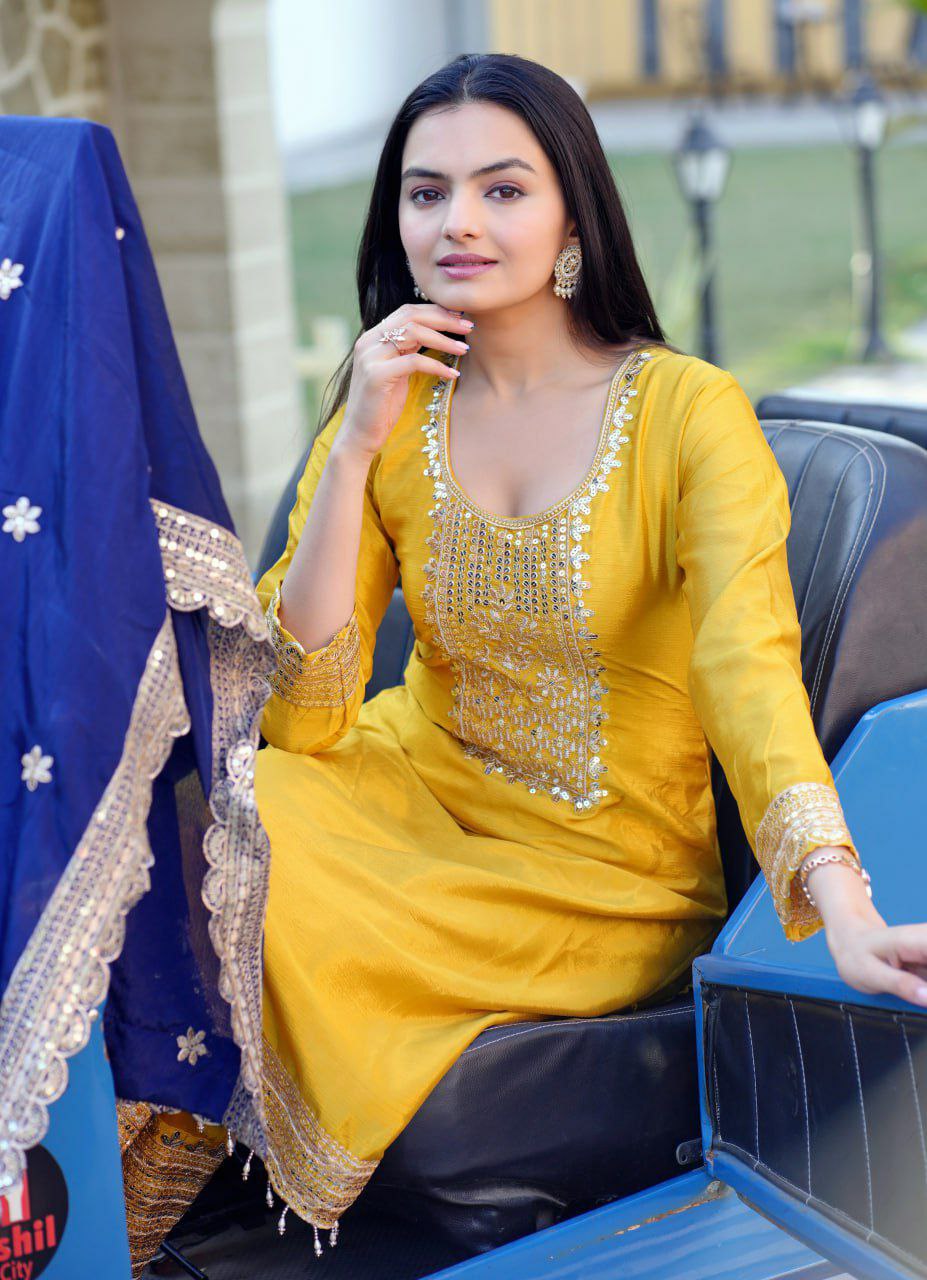 Prazu Fashion Yellow Chinon Silk Embroidered Salwar Suit