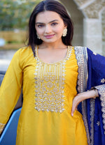 Thumbnail for Prazu Fashion Yellow Chinon Silk Embroidered Salwar Suit