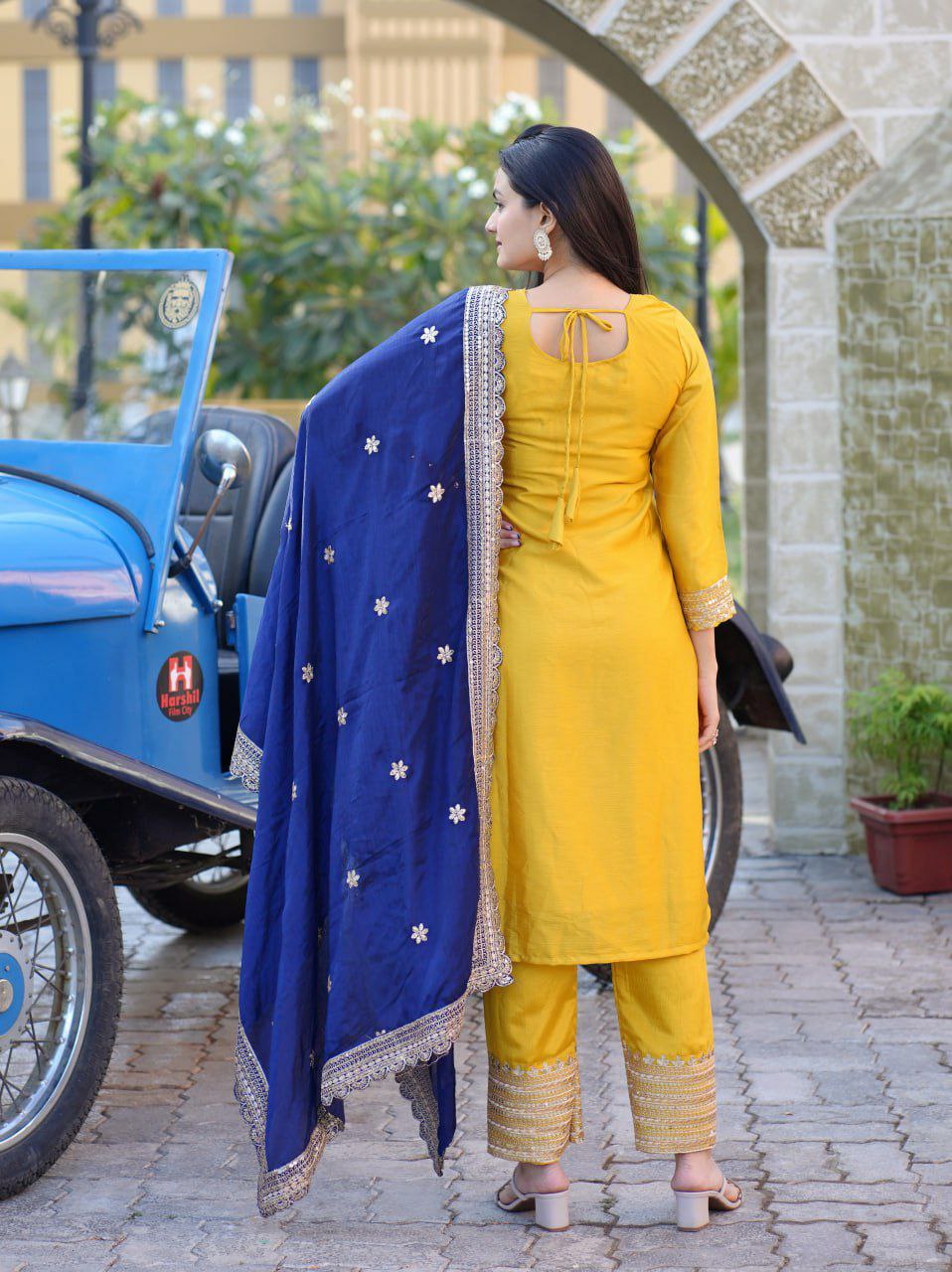 Prazu Fashion Yellow Chinon Silk Embroidered Salwar Suit