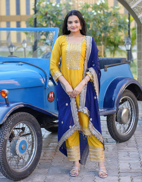 Prazu Fashion Yellow Chinon Silk Embroidered Salwar Suit