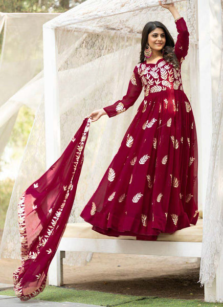 Prazu Fashion Red Georgette Sequence Gown With Dupatta