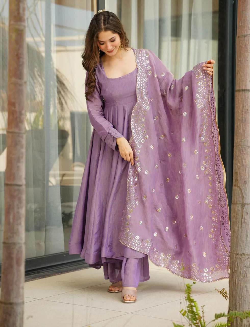 Prazu Fashion Lavender Silk Designer Anarkali Palzzo Suit