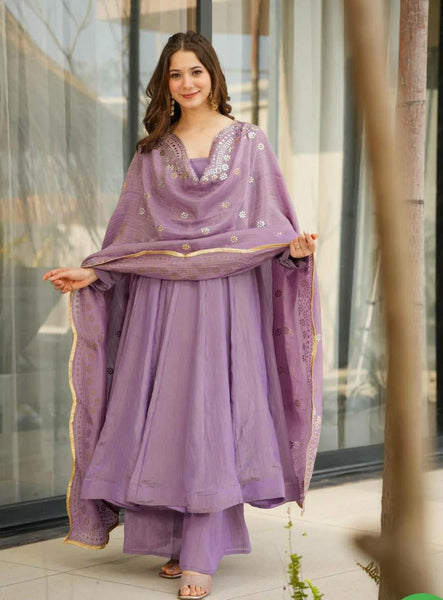 Prazu Fashion Lavender Silk Designer Anarkali Palzzo Suit