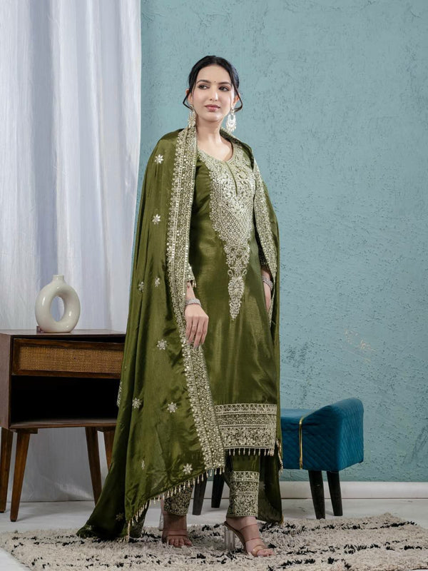 Prazu Fashion Mahendi Chinon Silk Embroidered Salwar Suit