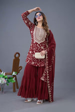 Thumbnail for Prazu Fashion Maroon Georgette Embroidered Sharara Suit