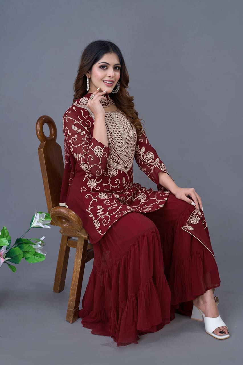 Prazu Fashion Maroon Georgette Embroidered Sharara Suit