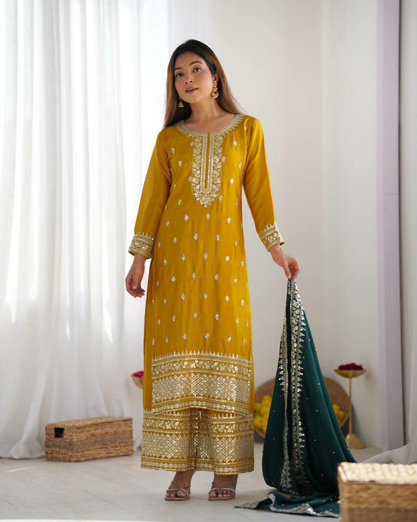 Prazu Fashion Yellow Chinon Silk Embroidered Salwar Suit