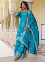 Thumbnail for Prazu Fashion Teal Blue Chinon Silk Sequence Sharara Suit