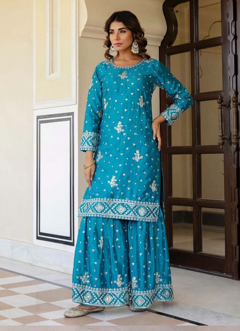 Prazu Fashion Teal Blue Chinon Silk Sequence Sharara Suit