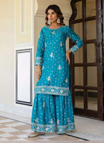 Thumbnail for Prazu Fashion Teal Blue Chinon Silk Sequence Sharara Suit