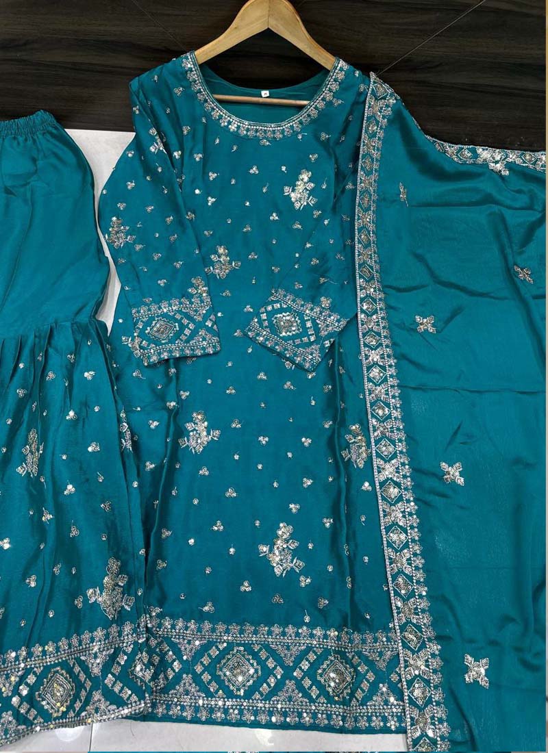Prazu Fashion Teal Blue Chinon Silk Sequence Sharara Suit
