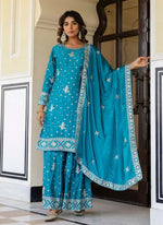 Thumbnail for Prazu Fashion Teal Blue Chinon Silk Sequence Sharara Suit