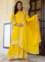 Thumbnail for Prazu Fashion Yellow Chinon Silk Sequence Sharara Suit