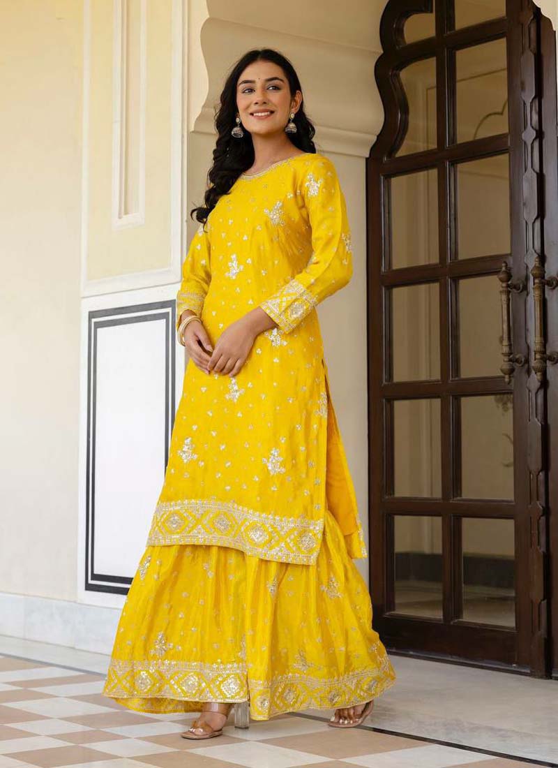 Prazu Fashion Yellow Chinon Silk Sequence Sharara Suit