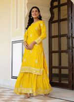 Thumbnail for Prazu Fashion Yellow Chinon Silk Sequence Sharara Suit