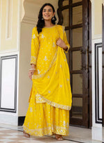 Thumbnail for Prazu Fashion Yellow Chinon Silk Sequence Sharara Suit