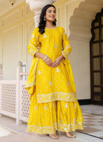 Thumbnail for Prazu Fashion Yellow Chinon Silk Sequence Sharara Suit