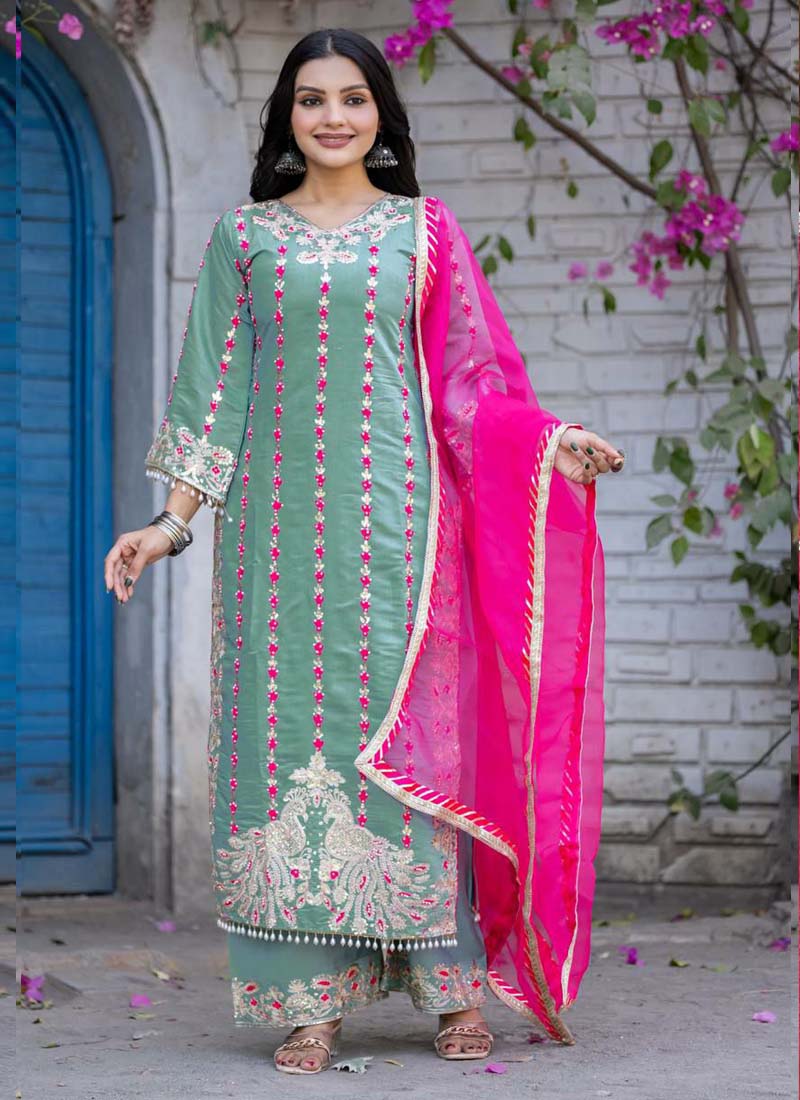 Prazu Fashion Sea Green Roman Silk Embroidered Salwar Suit