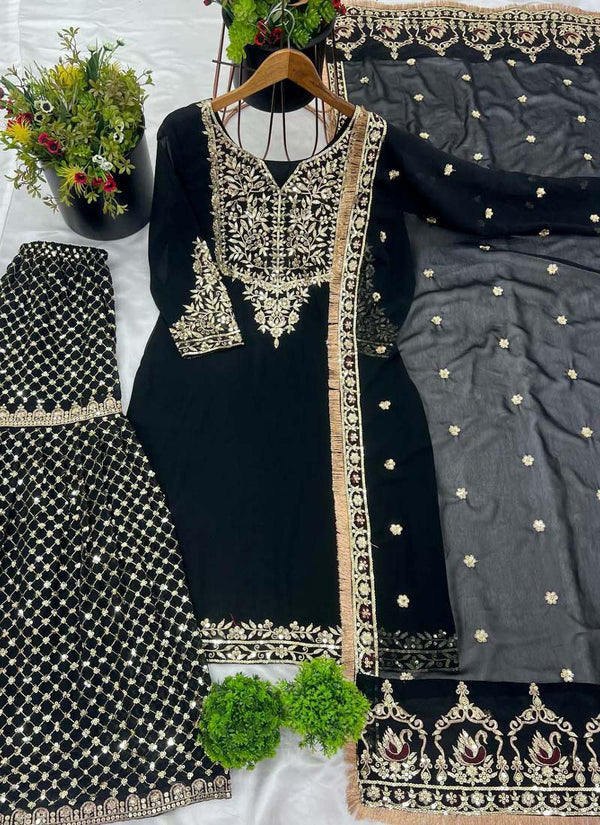 Prazu Fashion Black Georgette Embroidered Sharara Suit