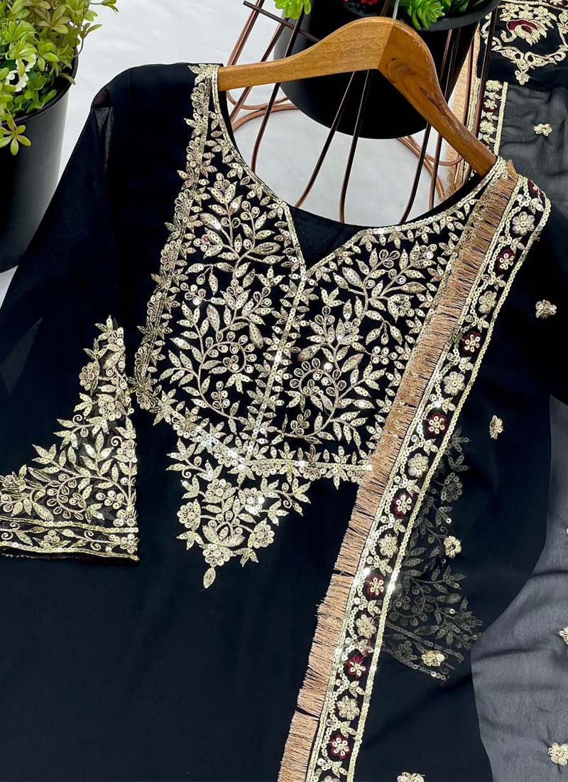 Prazu Fashion Black Georgette Embroidered Sharara Suit
