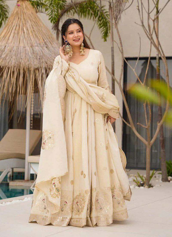 Prazu Fashion Off White Chinon Silk Sequence Anarkali Suit