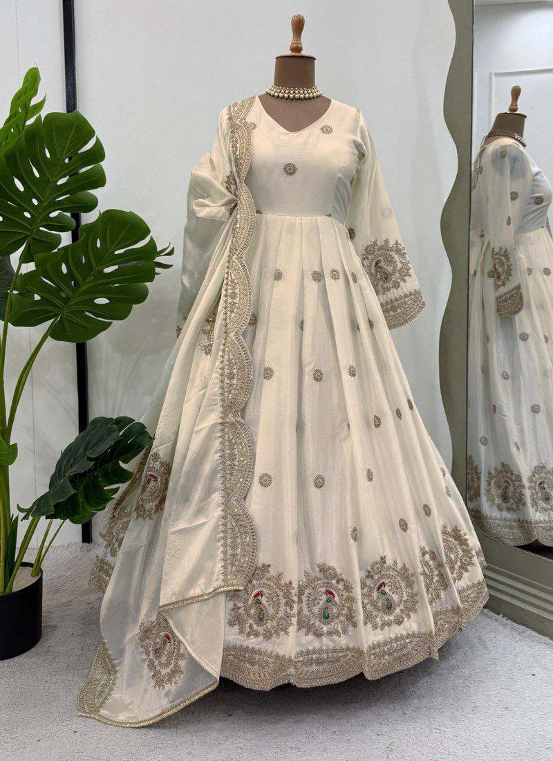 Prazu Fashion Off White Chinon Silk Sequence Anarkali Suit