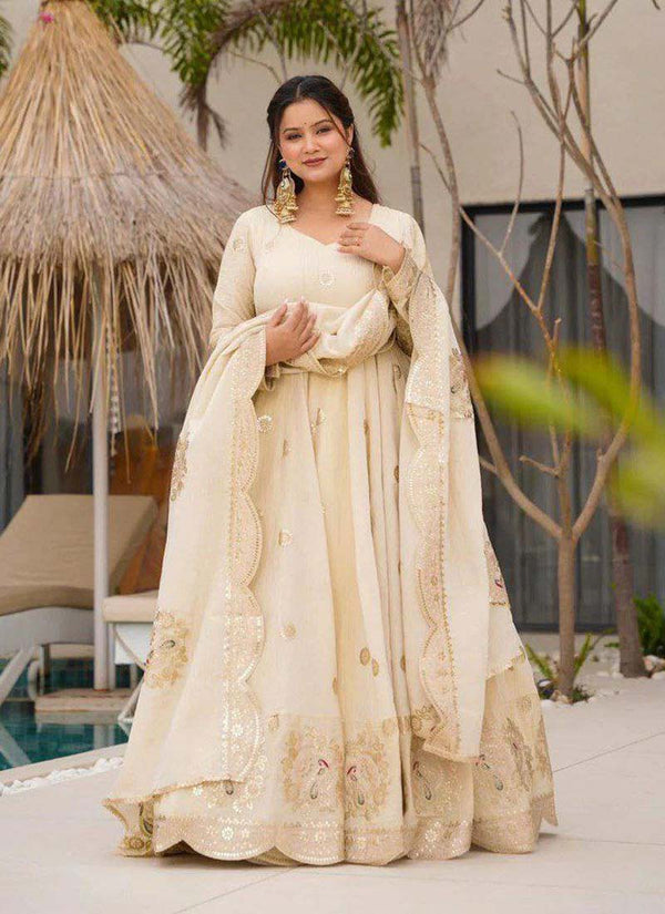 Prazu Fashion Off White Chinon Silk Sequence Anarkali Suit