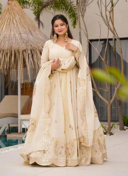Prazu Fashion Off White Chinon Silk Sequence Anarkali Suit