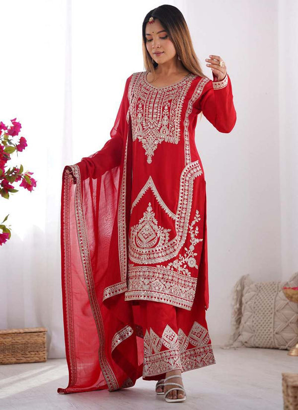 Prazu Fashion Red Vichitra Silk Embroidered Salwar Suit